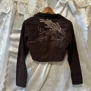 Select 8 Brand Cropped Brown Jacket with Embroidered Bird Detail
